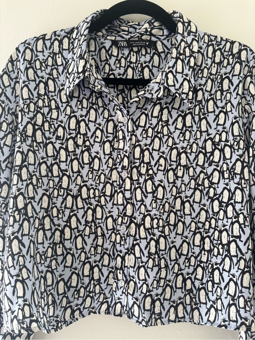 Zara Blue, Black and White Penguin-Print Button Down Shirt